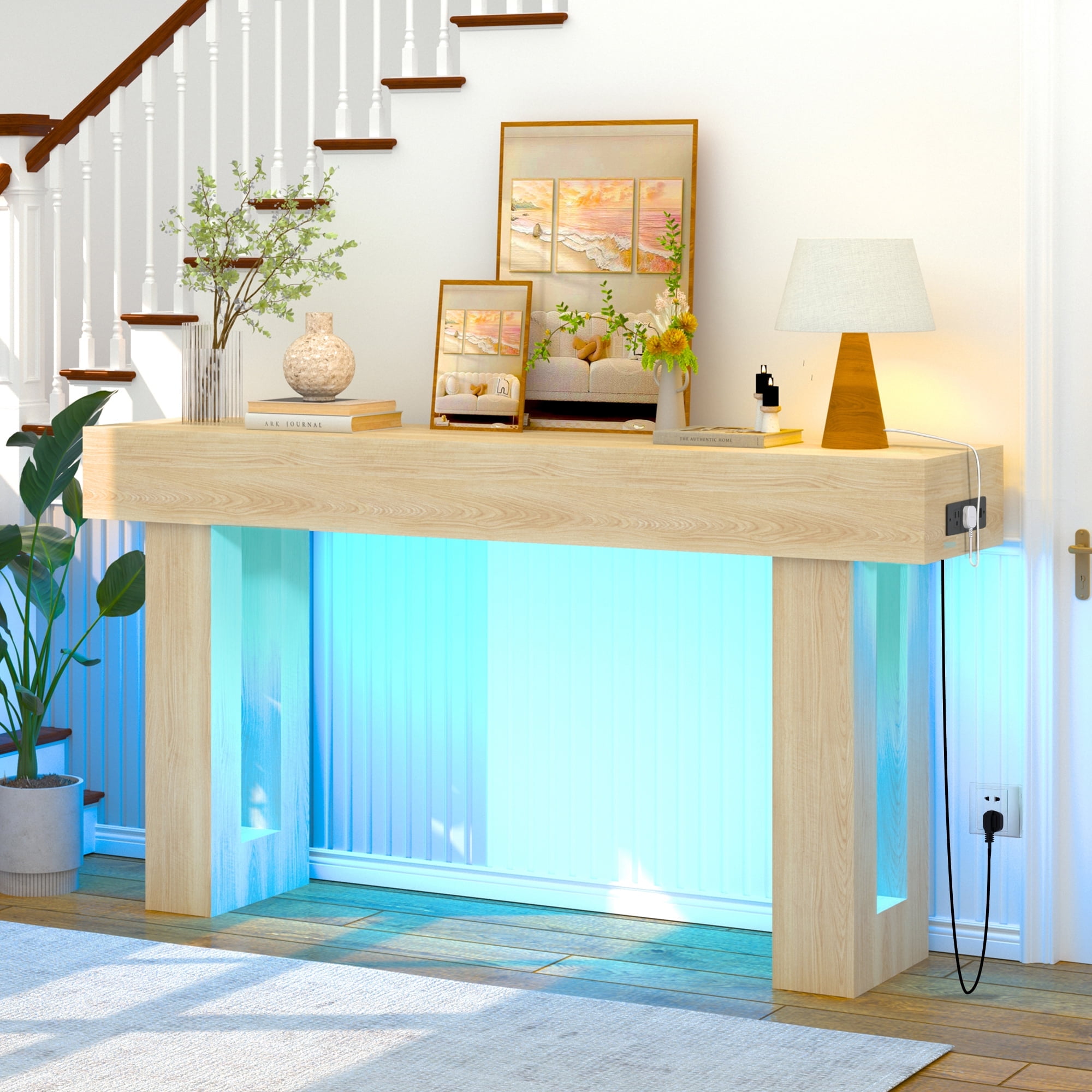 Haverchair 63 Inch Long Console Table with Outlets and USB Ports, Wooden Sofa Table Behind Couch with LED Lights, Farmhouse Rectangular Entryway Accent Table for Living Room, Hallway, Entrance