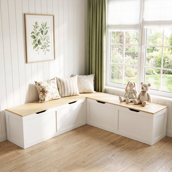 Haverchair 63'' L Shaped White Corner Bench, Modular Banquette Seating with Hidden Flip Top Storage for Kitchen, Dining Room, Living Room, Entryway