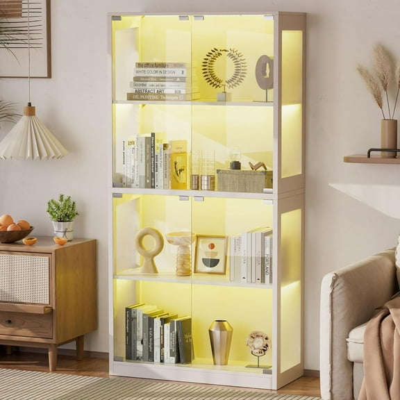 Haverchair 65" Display Cabinet with Glass Doors, 4 Tier Curio Cabinet with 12 Color Lights, Glass Display Cabinets for Collectibles, Toys and Books, High Display Case with 3 Shelves for Home
