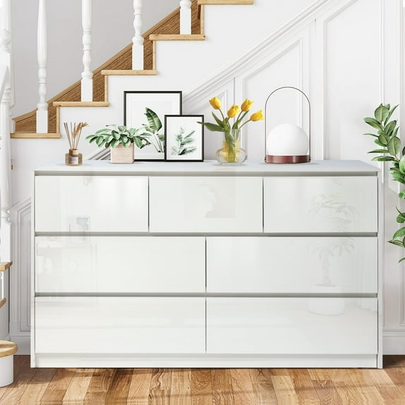 Haverchair 7 Drawer White Dresser for Bedroom, 55 Inch High Gloss Dressers Long Dresser with Deep Drawers, Large Handleless Wooden Dresser Chest Of Drawers for Living Room, Hallway, Entryway
