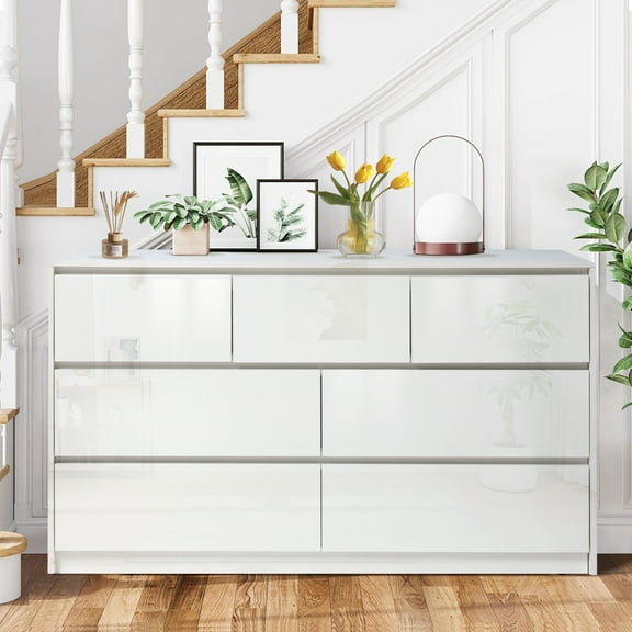 Haverchair 7 Drawer White Dresser for Bedroom, 55 Inch High Gloss Dressers Long Dresser with Deep Drawers, Large Handleless Wooden Dresser Chest Of Drawers for Living Room, Hallway, Entryway