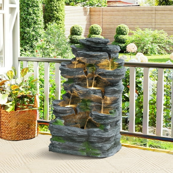 Haverchair 7 Tier Cascading Rock Outdoor Water Fountain, Garden Freestanding Rockery Natural Waterfall Fountains Outdoor with LED Light, Soothing Tranquility Fountains for Home Garden Yard, 24"H
