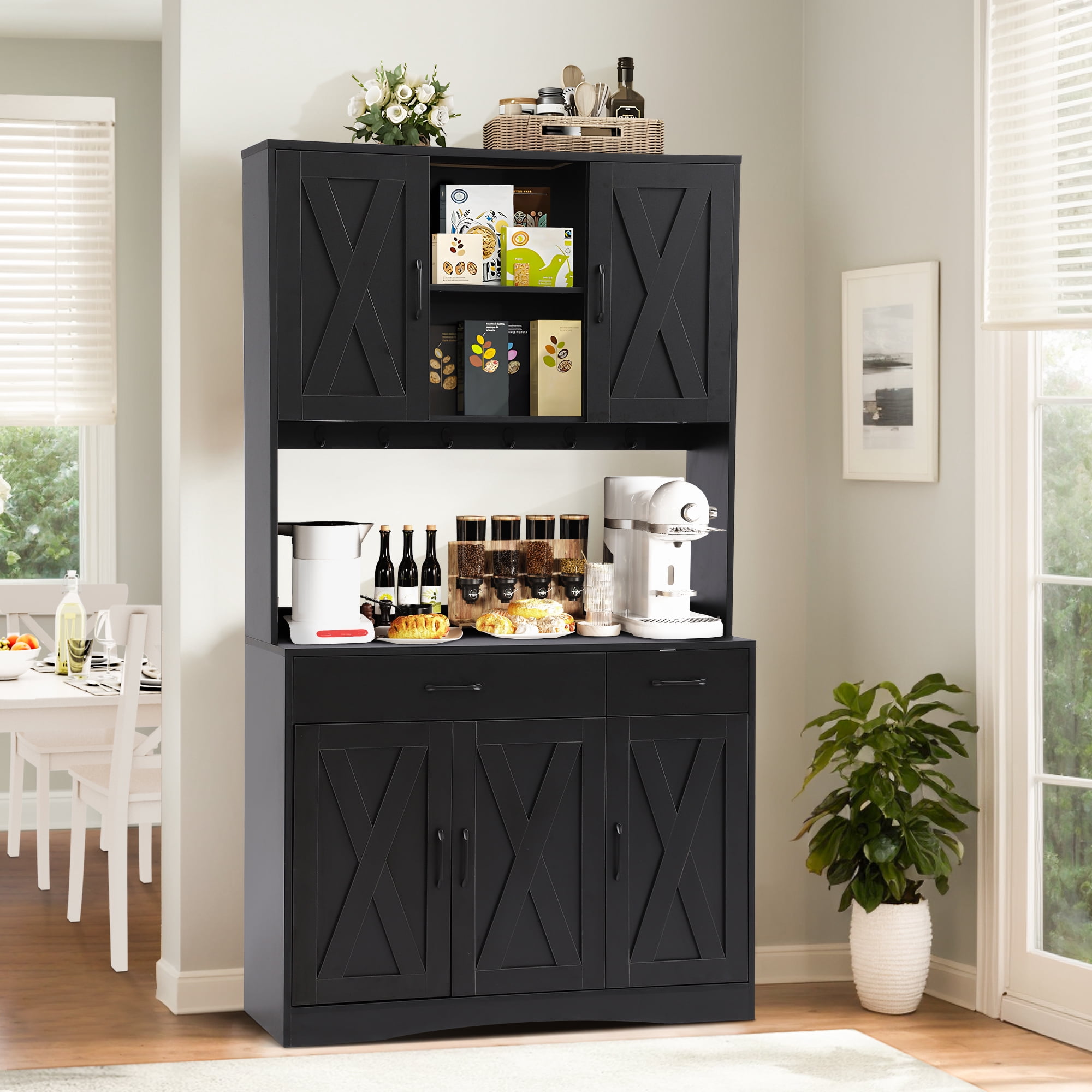 Haverchair 71" Kitchen Pantry Storage Cabinet, Farmhouse Hutch Cabinet with Microwave Stand, Tall Food Pantry Cabinets w/2 Drawers & 6 Hooks, Charging Station, Storage Cabinets for Dining Room
