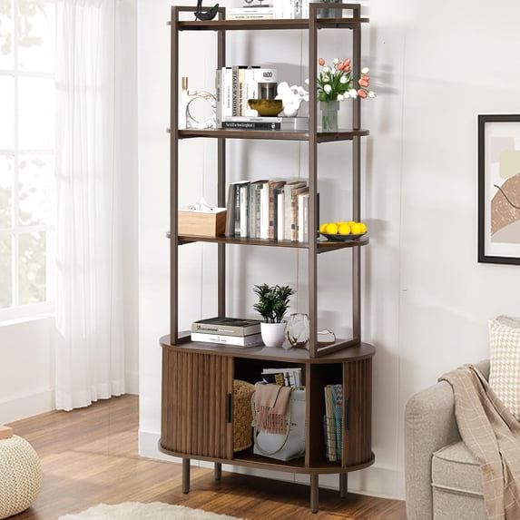 Haverchair 71" Tall Fluted Bookshelf with Sliding Tambour Doors, 4-Tier Book Shelf with Open Display Shelves and Adjustable Footpad, Modern Bookcase with Storage Cabinet for Living Room, Bedroom