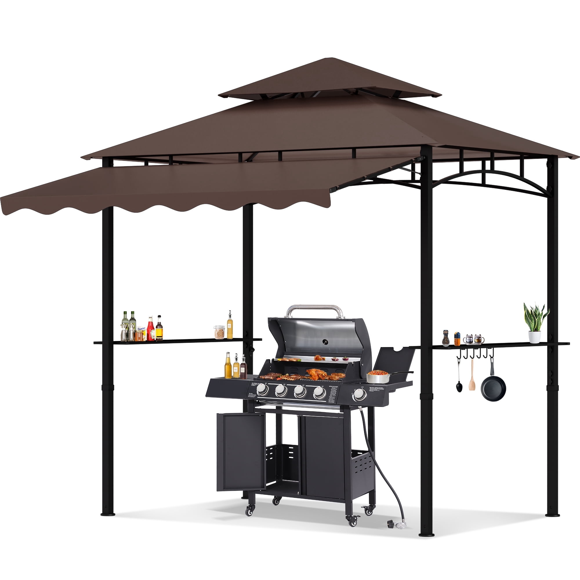 Haverchair 8x8 FT Grill Gazebo with Side Awning, 2-Tier Barbecue Canopy Shelter with 2 Shelves, 7 Hanging Hooks, Bottle Opener, Outdoor Grilling Awnings Tent for Backyard Garden Poolside