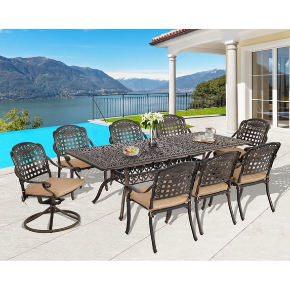 Haverchair 9-Piece Outdoor Furniture Dining Set, All-Weather Cast Aluminum Conversation Set Includes 1 Rectangular Table and 2 Swivel Chairs and 6 Chairs