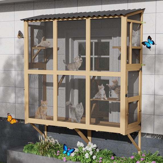 Haverchair Cat Catio, Cat Window Perch for Large Indoor Cats, Window Box Enclosure with 4 Jump Platforms, Wooden Window Hammock for Multi Kittens, All-Weather Use Outdoor Small Pet Perch House