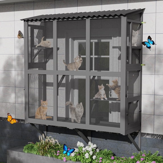 Haverchair Cat Catio, Cat Window Perch for Large Indoor Cats, Window Box Enclosure with 4 Jump Platforms, Wooden Window Hammock for Multi Kittens, All-Weather Use Outdoor Small Pet Perch House