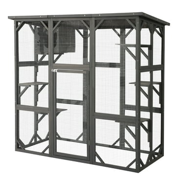 Haverchair Cat Enclosure Outdoor Catio Large Wooden Cat House with Weatherproof, Cat Cage Condo Indoor Playpen with Platform and Small House, Gray