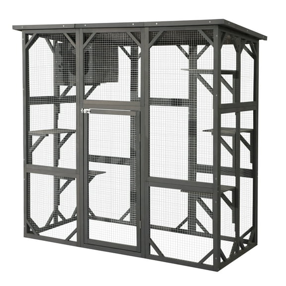 Haverchair Cat Enclosure Outdoor Catio Large Wooden Cat House with Weatherproof, Cat Cage Condo Indoor Playpen with Platform and Small House, Gray