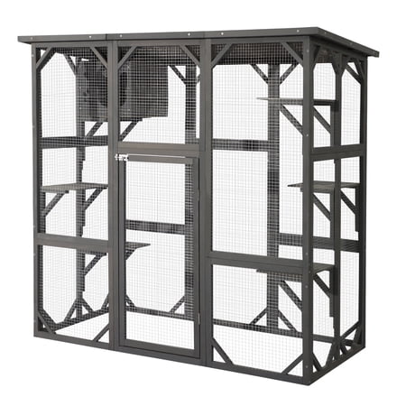 Haverchair Cat Enclosure Outdoor Catio Large Wooden Cat House with Weatherproof, Cat Cage Condo Indoor Playpen with Platform and Small House, Gray