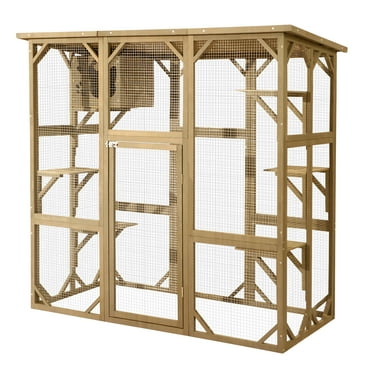 Haverchair Cat Enclosure Outdoor Catio Large Wooden Cat House with Weatherproof, Cat Cage Condo Indoor Playpen with Platform and Small House, Natural