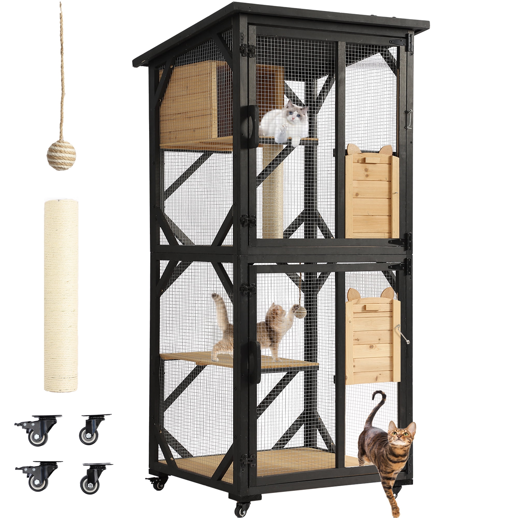 Haverchair Catio Outdoor Cat Enclosure with Scratcher - 4-Tier Large Indoor Wooden Window Catio Cat House W/Asphalt Waterproof Roof, Wheels, Resting Box, Platforms, Cat Toys Ball, Pet Cage Playpen