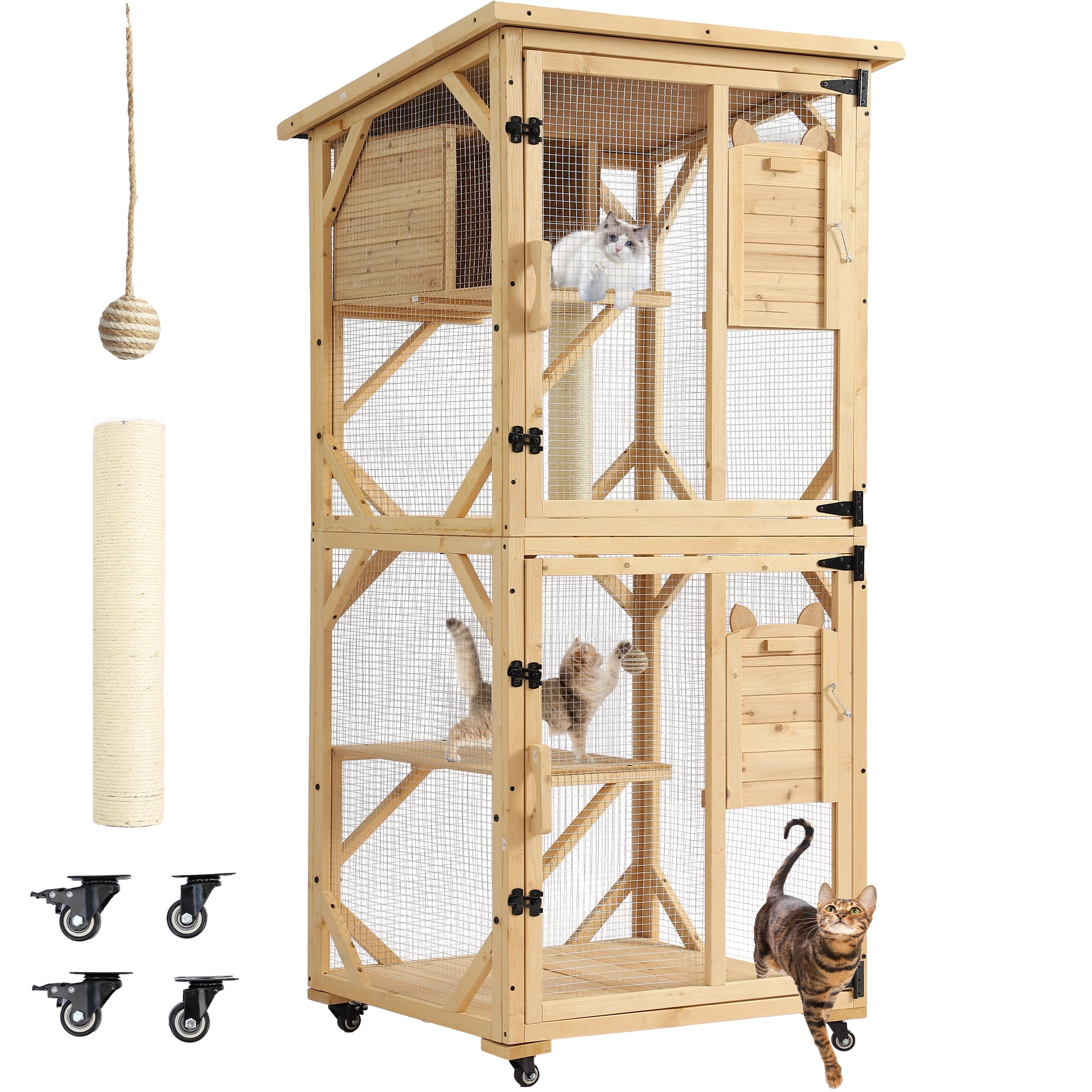 Haverchair Catio Outdoor Cat Enclosure with Scratcher - 4-Tier Large Indoor Wooden Window Catio Cat House W/Asphalt Waterproof Roof, Wheels, Resting Box, Platforms, Cat Toys Ball, Pet Cage Playpen