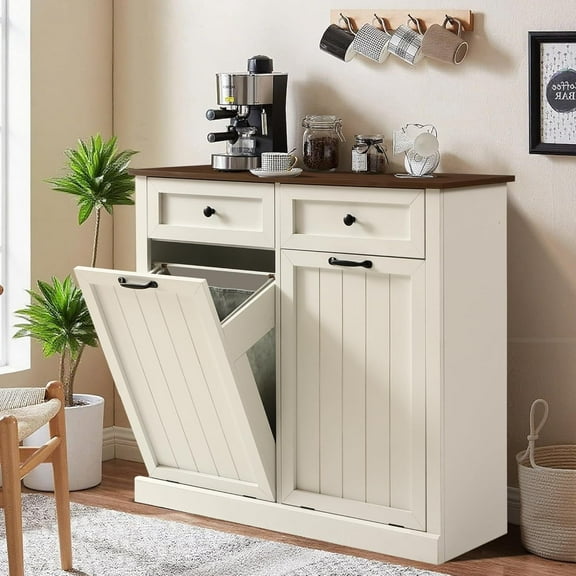 Haverchair Double Tilt Out Laundry Hamper Cabinet, Modern Farmhouse Trash Can Cabinet w/2 Drawers, Wooden 20 Gallon Hidden Garbage Cabinets with 2 Laundry Storage Baskets for Kitchen and Bathroom