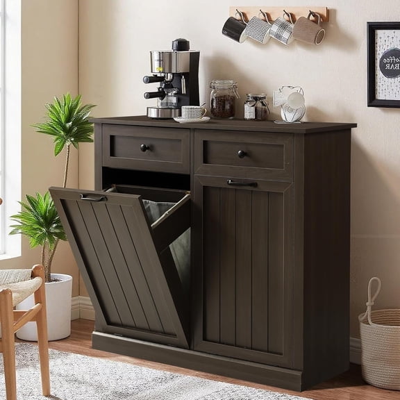 Haverchair Double Tilt Out Laundry Hamper Cabinet, Modern Farmhouse Trash Can Cabinet w/2 Drawers, Wooden 20 Gallon Hidden Garbage Cabinets with 2 Laundry Storage Baskets for Kitchen and Bathroom