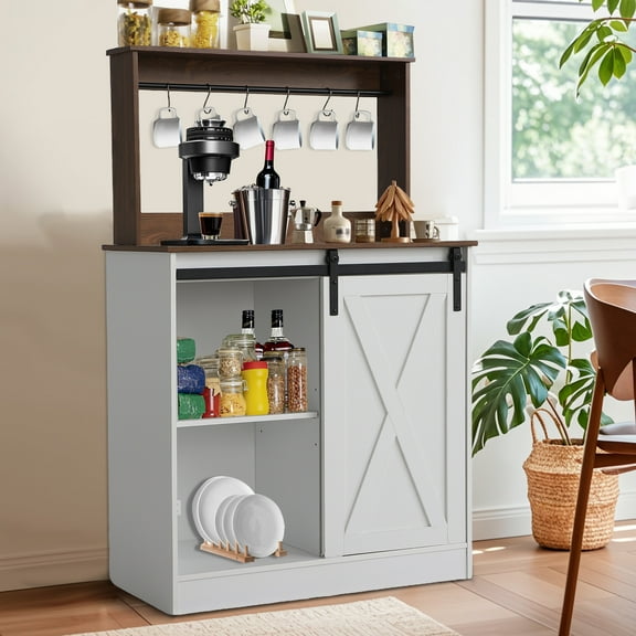 Haverchair Farmhouse Coffee Bar Station Cabinet with Storage, Kitchen Hutch Sideboard Cabinets with 6 Hooks Sliding Barn Door, White Corner Coffee Bar Table with Adjustable Shelves For Dining Room