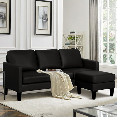 Haverchair Faux Leather Sectional Sofa, L Shaped Sofa with Reversible Chaise Convertible Sectional Couch 3-Seater Modern Small Couches for Small Space,Black