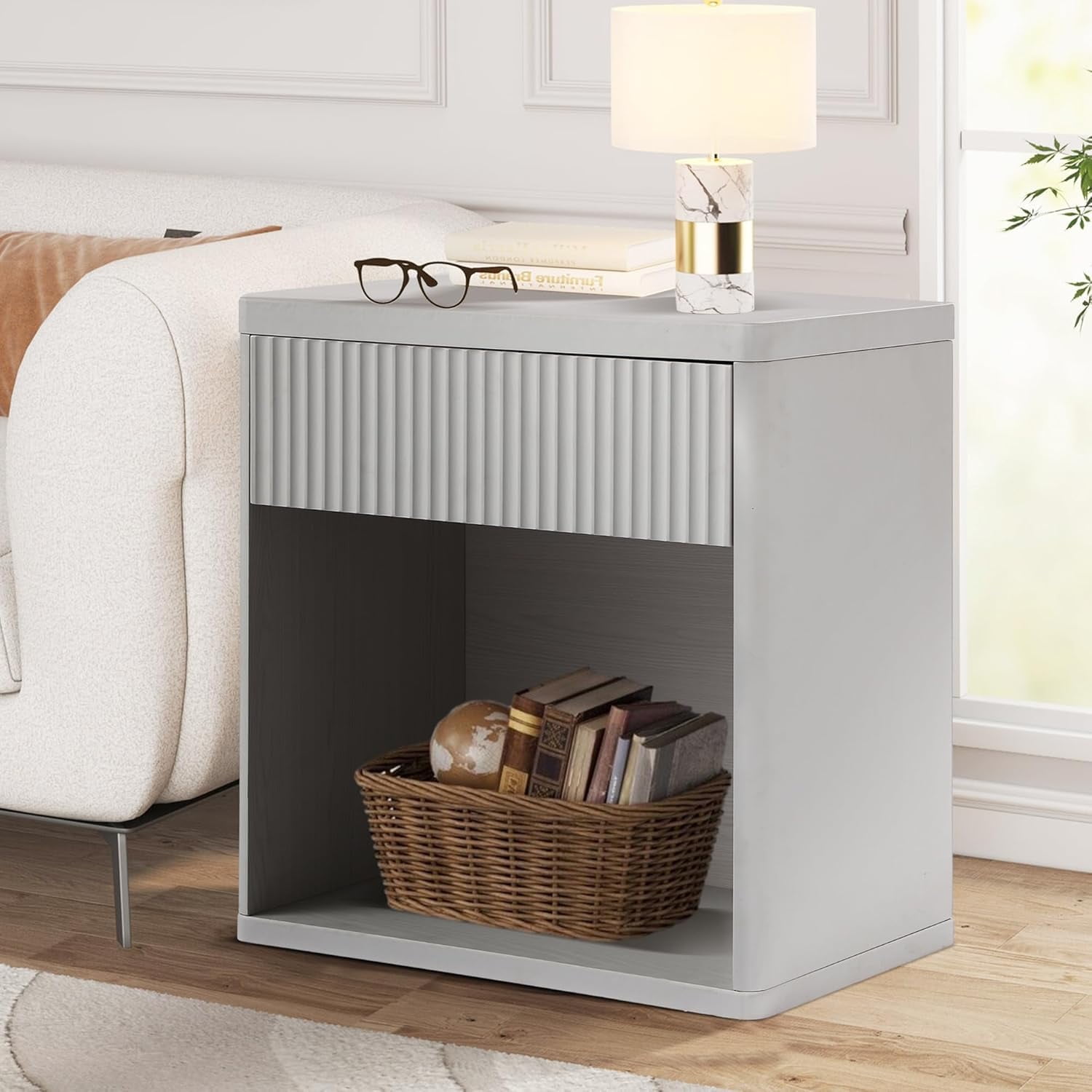 Haverchair Fluted Night Stand, Nightstands with Drawer Storage, Modern Mid Century Bed Side Table End Table, Large Modern Wide Bedside Table for Bedroom Living Room Sofa Couch Office, Gray
