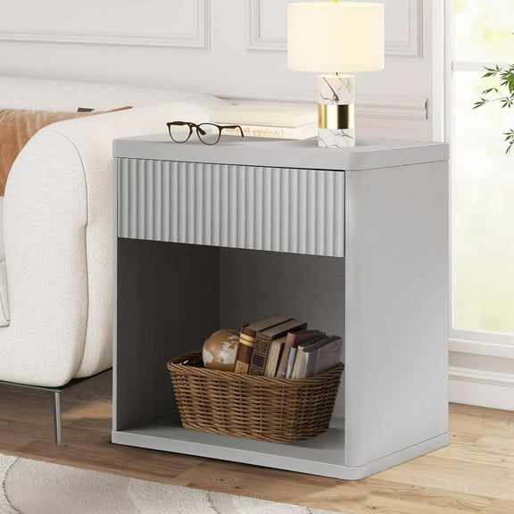 Haverchair Fluted Night Stand, Nightstands with Drawer Storage, Modern Mid Century Bed Side Table End Table, Large Modern Wide Bedside Table for Bedroom Living Room Sofa Couch Office, Gray