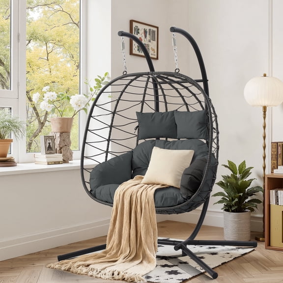 Haverchair Foldable Double Egg Chair with Stand, Indoor/Outdoor Wicker 2-Person Hammock Chair with Cushion and Headrests, Rattan Hanging Loveseat for Patio, Bedroom, Balcony, 650 LBS Capacity