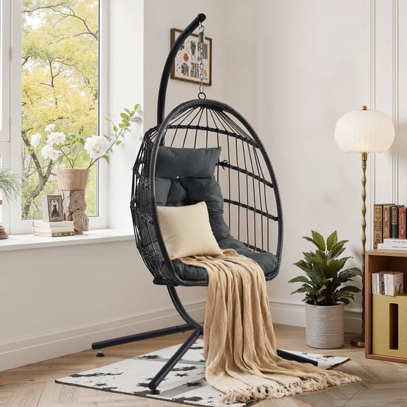 Haverchair Foldable Hanging Egg Chair with Stand, Indoor/Outdoor Wicker Swinging Chair with Cushion and Headrest, Rattan Hammock Chair for Patio, Bedroom, Balcony, Garden, 350LBS Capacity