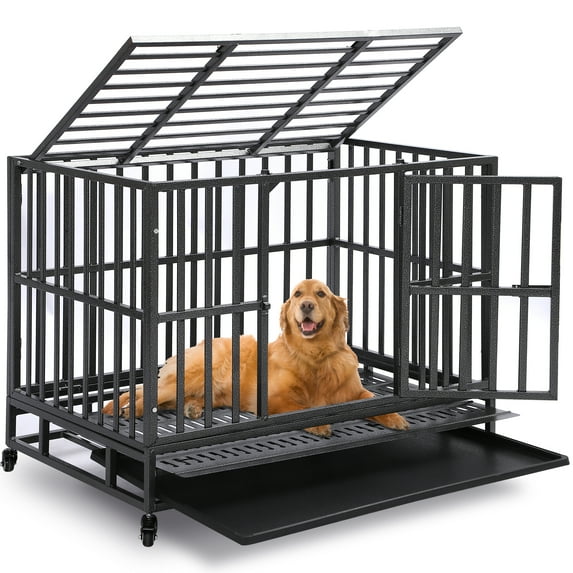 Haverchair Heavy Duty Indestructible Dog Crates for Large Dogs - 38 inch Folding Dog Kennel Extra Large Cage Crate, High Anxiety Dog Crate Indoor with Lockable Wheels, Double Door, Removable Tray