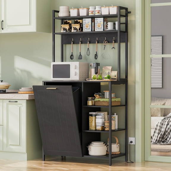 Haverchair Kitchen Bakers Rack with Power Outlets, Microwave Oven Organizer with Tilt Out Trash Can Cabinet Storage Shelf 6 Tiers Coffee Bar Station Stand, Freestanding Rack with 6 Hooks