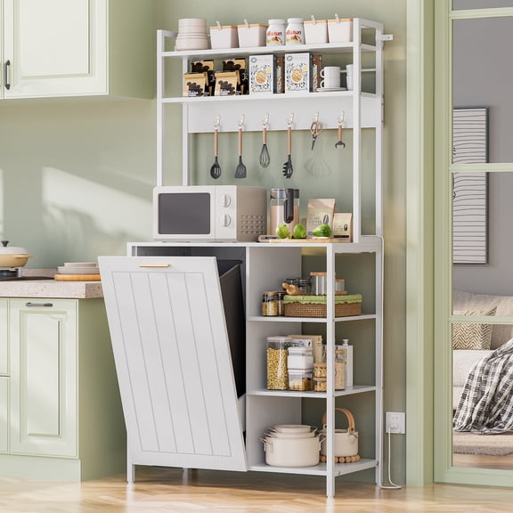 Haverchair Kitchen Bakers Rack with Power Outlets, Microwave Oven Organizer with Tilt Out Trash Can Cabinet Storage Shelf 6 Tiers Coffee Bar Station Stand, Freestanding Rack with 6 Hooks
