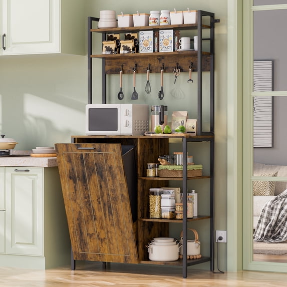 Haverchair Kitchen Bakers Rack with Power Outlets, Microwave Oven Organizer with Tilt Out Trash Can Cabinet Storage Shelf 6 Tiers Coffee Bar Station Stand, Freestanding Rack with 6 Hooks