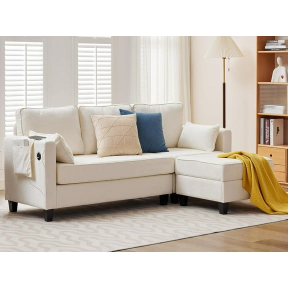 Haverchair L-Shape Chenille Sectional Sofa with Storage Ottoman,Modern Convertible Couch with Removable Cover,USB and Type-C,Side Pockets,Armrest Pillows for Living Room,Apartment,Office,White