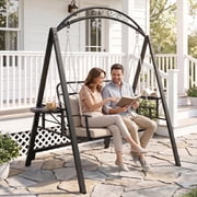 Haverchair Metal Porch Swing with Stand, 700LBS Outdoor Patio Porch Swing, Double Outdoor Patio Swing Chair W/Heavy-Duty Metal Frame, Dual Side Trays, Removable Cushion for Garden Backyard Poolside