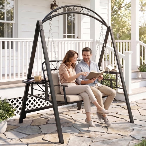 Haverchair Metal Porch Swing with Stand, 700LBS Outdoor Patio Porch Swing, Double Outdoor Patio Swing Chair W/Heavy-Duty Metal Frame, Dual Side Trays, Removable Cushion for Garden Backyard Poolside