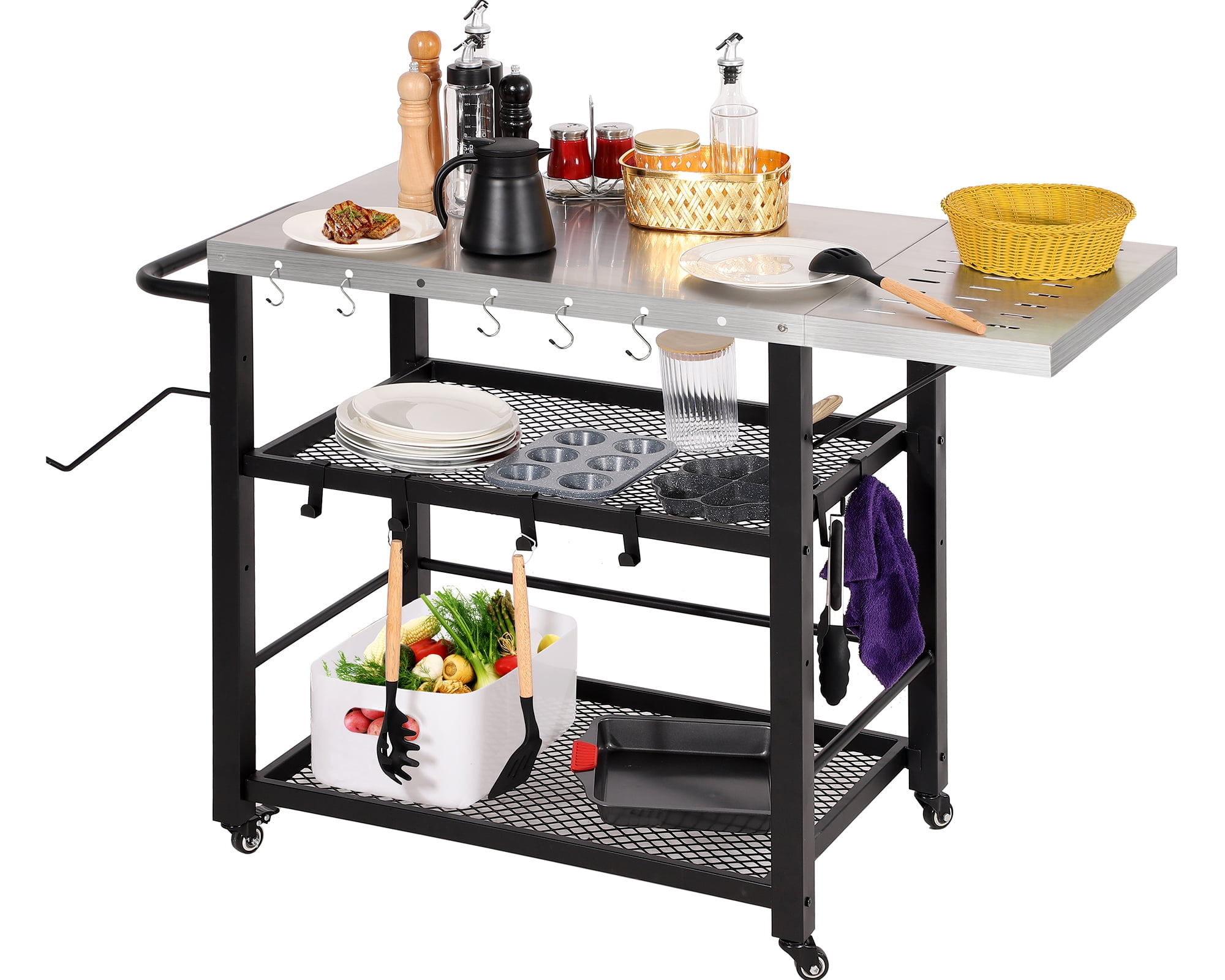 Haverchair Outdoor Grill Cart Table with Foldable Side Table 3 Shelf Movable Pizza Oven Stand Table Outside Cooking Prep Table Stainless Steel