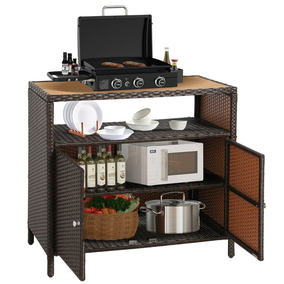 Haverchair Outdoor Rattan Storage Cabinet Patio Bar Table, Wicker Kitchen Bar Table Pool Sideboard Cabinets with Open Shelf & 2 Door, Outside Wicker Storage Buffet Bar Table Wood Countertop