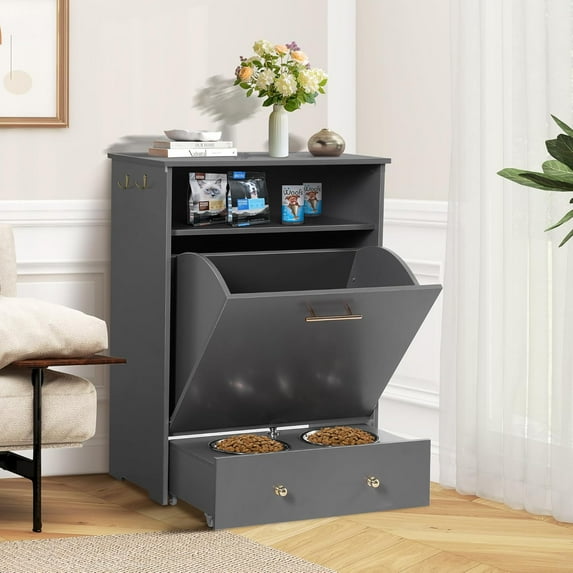 Haverchair Pet Feeder Station,Dog Food Storage Cabinet Container with 2 Pull Out Dog Elevated Bowls and Hanger,Pet Toy Storage Organizer,Feeding & Watering Pet Supplies (Gray)