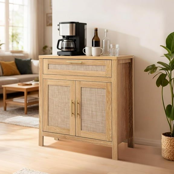 Haverchair Rattan Buffet Sideboard Cabinet with Storage, Boho Accent Console Table Cabinets with Drawer Doors Adjustable Shelf, Rattan Credenzas Coffee Bar Sideboards for Entryway Living Dining Room
