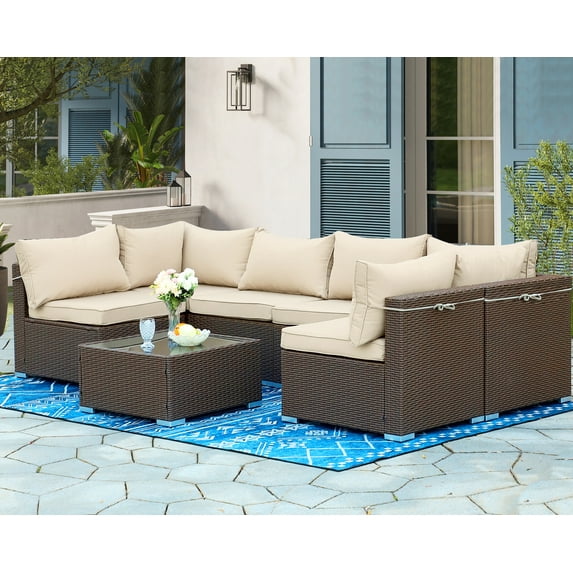 Haverchair Rattan Furniture Set 7 Pieces Wicker Patio Conversation Set Outdoor Rattan Furniture Sectional Sofa Set with Thickened Khaki Cushions and Storage Glass Coffee Table