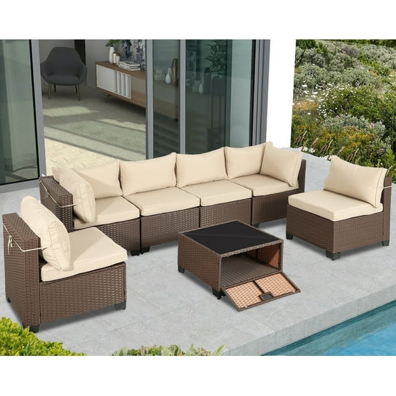 Haverchair Rattan Furniture Set 7 Pieces Wicker Patio Sectional Sofa Conversation Set Outdoor Rattan Furniture Sectional Sofa Set with Thickened Cushions and Storage Glass Coffee Table,Beige