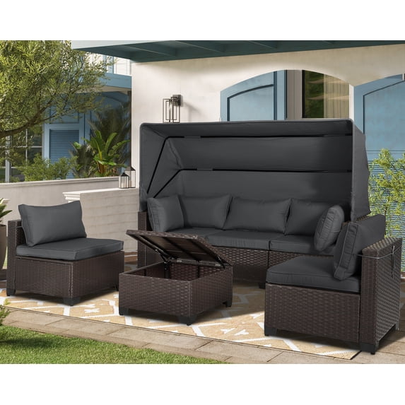 Haverchair Rattan Patio Furniture Set 6 Pieces with Retractable Canopy Wicker Sectional Sofa Set Daybed Outdoor Furniture Set with Adjustable Backrest and Cushions Storage Table,Gray