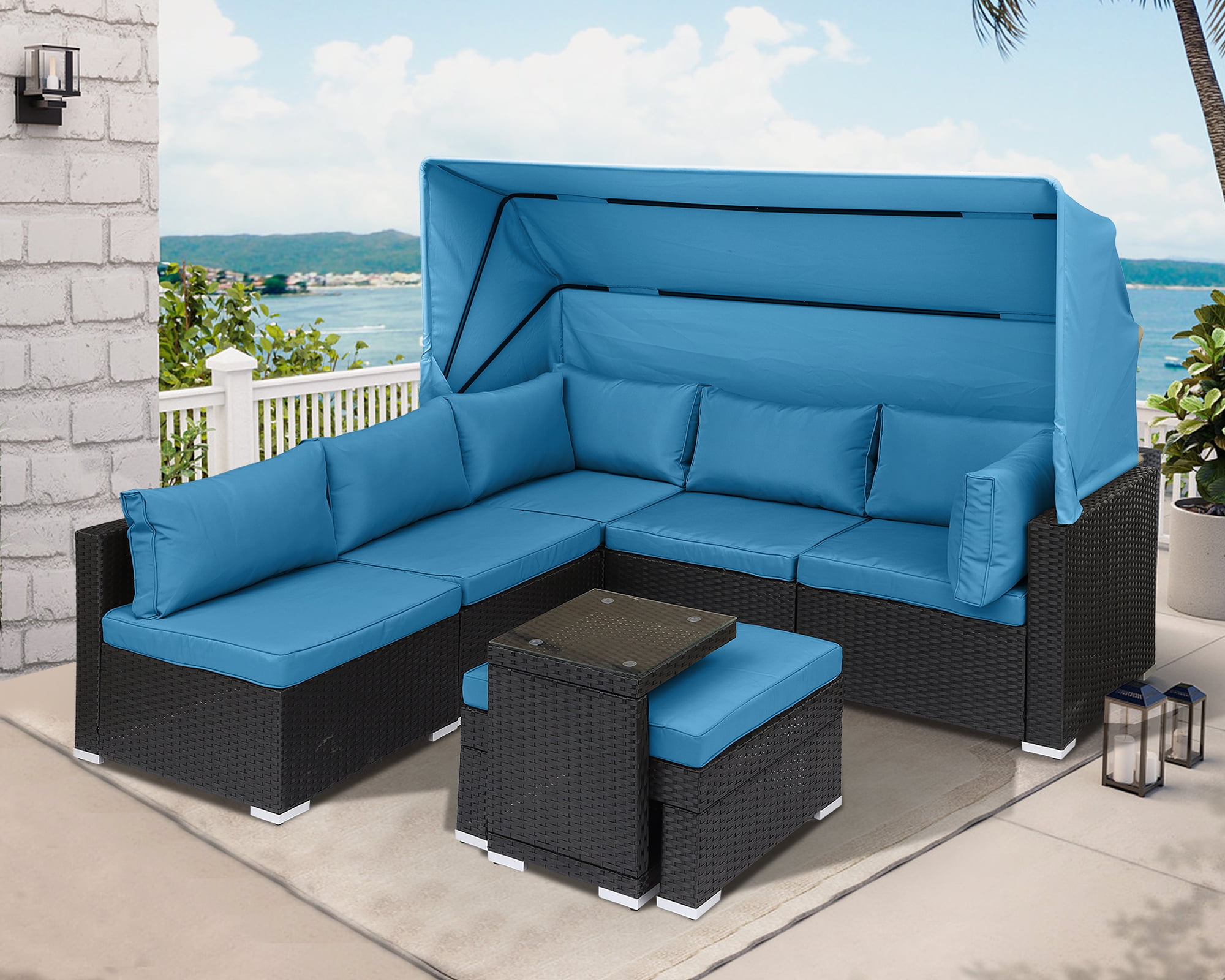 Holliston 6 Piece Patio Corner Sectional Seating Group Set for Small Spaces Rattan with 4 Cushions 6 Months Warranty Walmart