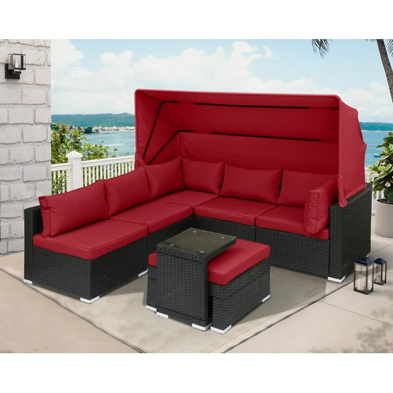 Haverchair Rattan Patio Furniture Set 7 Pieces with Retractable Canopy Wicker Sectional Sofa Set Daybed Outdoor Furniture Set with Adjustable Backrest and Cushions Storage Table,Red