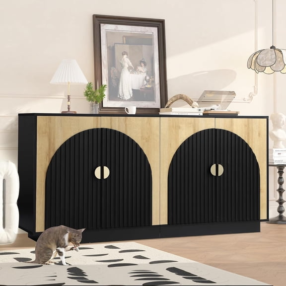 Haverchair Symmetrical Reeded Buffet Cabinet, 65" Fluted Mid-Century Modern Sideboard with Storage & Adjustable Shelves, Credenza Console Table as Coffee Bar & TV Stand for Dining Living Room