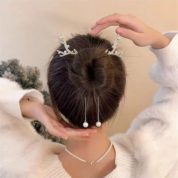 Havilah Christmas Hair Accessories Antlers Bun Hair Claw with Tassel and Rhinestone Barrette - White