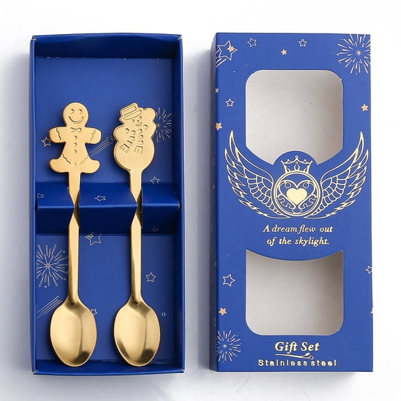 Havilah Christmas Stainless Steel Spoon Cutlery Set, Blue Box Golden Gingerbread + Snowman