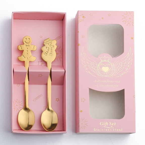 Havilah Christmas Stainless Steel Spoon Cutlery Set, Pink Box Golden Gingerbread + Snowman