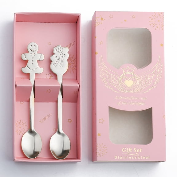 Havilah Christmas Stainless Steel Spoon Cutlery Set, Pink Box Silver Gingerbread + Snowman