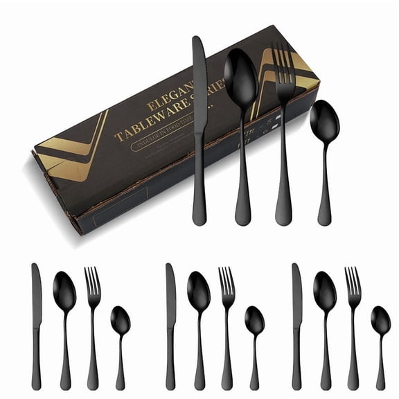 Havilah Gold-Plated Stainless Steel Cutlery Set, Black, 16pcs