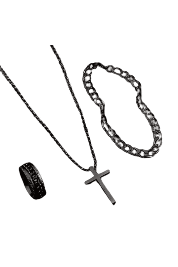 Men's Neckalce Black men's cross pendant necklace bracelet rings jewelry set - Stylish Fashion Accessories 3pcs set metal color men's cross necklace stylish jewellery