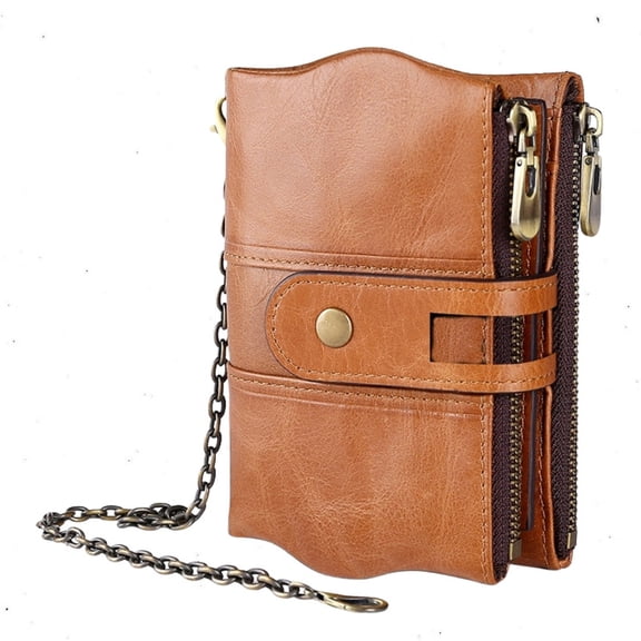 Havilah Mens Wallet Leather Zipper Buckle Anti-Magnetic Wallet with Card Slots & Shoulder Strap Yellowish-Brown
